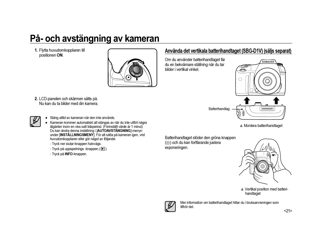 Samsung ER-GX20ZBBA/SE På- och avstängning av kameran, Montera batterihandtaget, Vertikal position med batteri- handtaget 