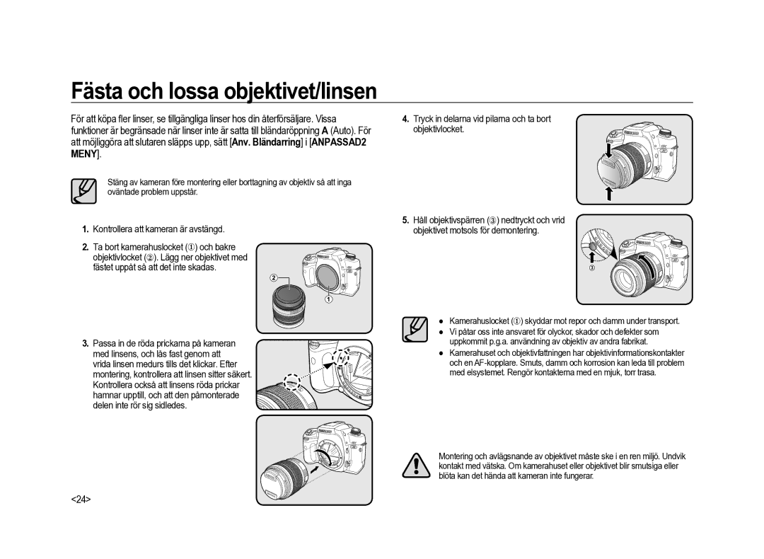 Samsung ER-GX20ZBBC/E1 Fästa och lossa objektivet/linsen, Kamerahuslocket ① skyddar mot repor och damm under transport 