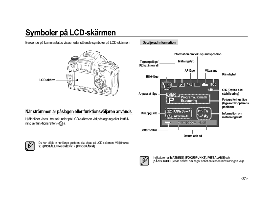 Samsung ER-GX20ZBBA/E1, ER-GX20ZBBC/E1 Symboler på LCD-skärmen, När strömmen är påslagen eller funktionsväljaren används 