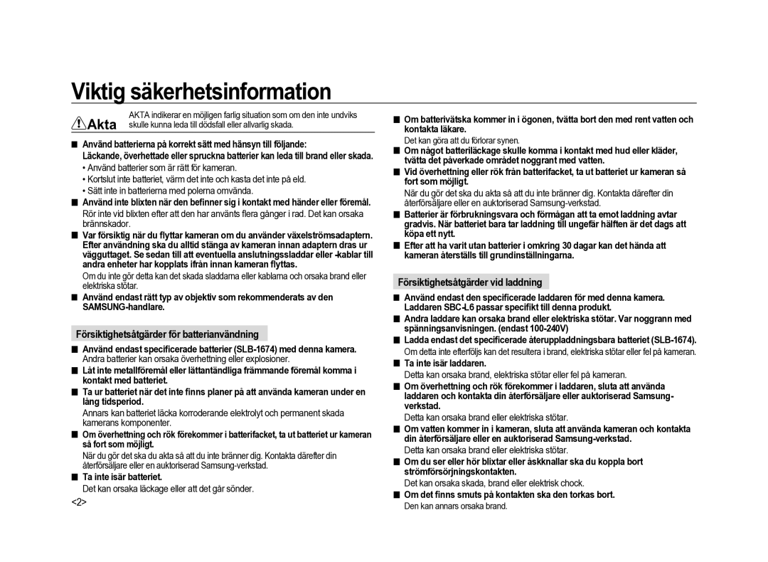 Samsung ER-GX20ZBBA/E1 manual Akta, Försiktighetsåtgärder för batterianvändning, Försiktighetsåtgärder vid laddning 