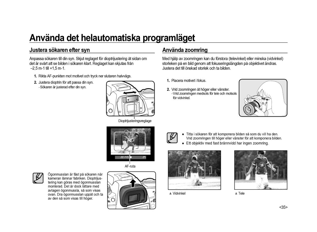 Samsung ER-GX20ZBBB/E1, ER-GX20ZBBC/E1, ER-GX20ZBBA/SE manual Justera sökaren efter syn, Använda zoomring, M-1 till +1,5 m-1 