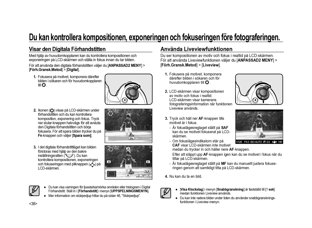 Samsung ER-GX20ZBBA/DK Visar den Digitala Förhandstitten, Använda Liveviewfunktionen, Förh.Gransk.Metod Liveview, Till 