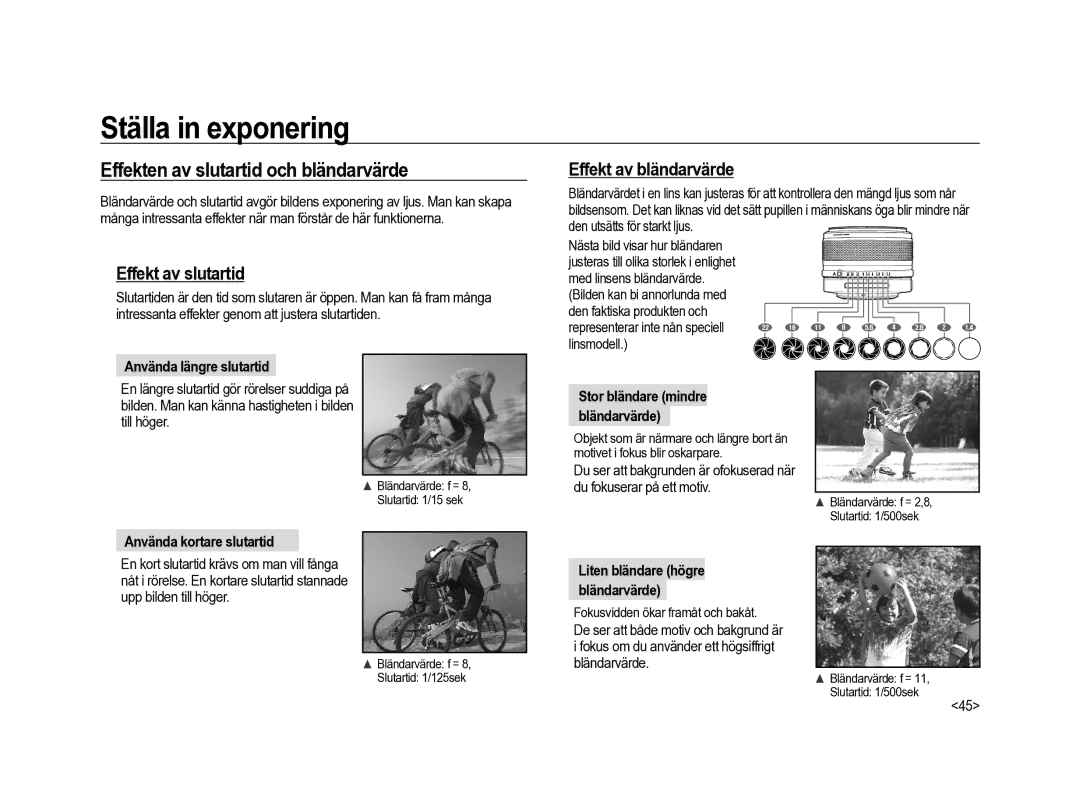 Samsung ER-GX20ZBBB/E1, ER-GX20ZBBC/E1 Effekten av slutartid och bländarvärde, Effekt av slutartid, Effekt av bländarvärde 