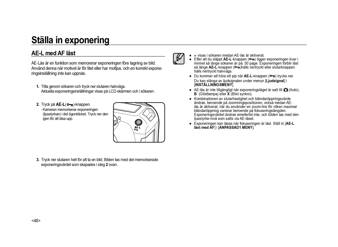 Samsung ER-GX20ZBBA/DK, ER-GX20ZBBC/E1, ER-GX20ZBBB/E1, ER-GX20ZBBA/SE, ER-GX20ZBBA/E1 manual AE-L med AF låst 