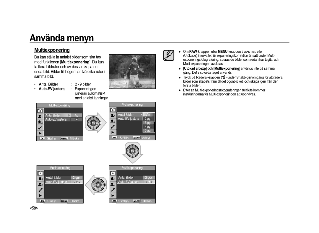 Samsung ER-GX20ZBBA/DK, ER-GX20ZBBC/E1, ER-GX20ZBBB/E1 manual Multiexponering, Antal Bilder, Exponeringen, Auto-EV justera 