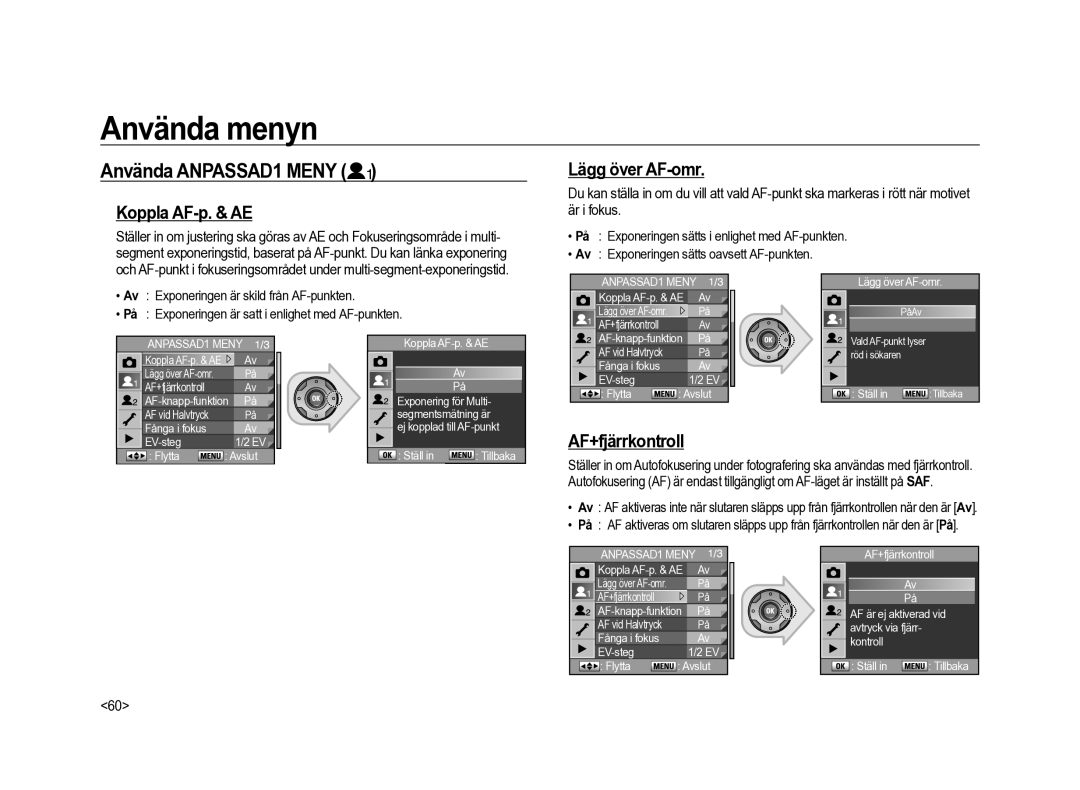 Samsung ER-GX20ZBBB/E1, ER-GX20ZBBC/E1 manual Använda ANPASSAD1 Meny, Koppla AF-p. & AE, Lägg över AF-omr, AF+fjärrkontroll 