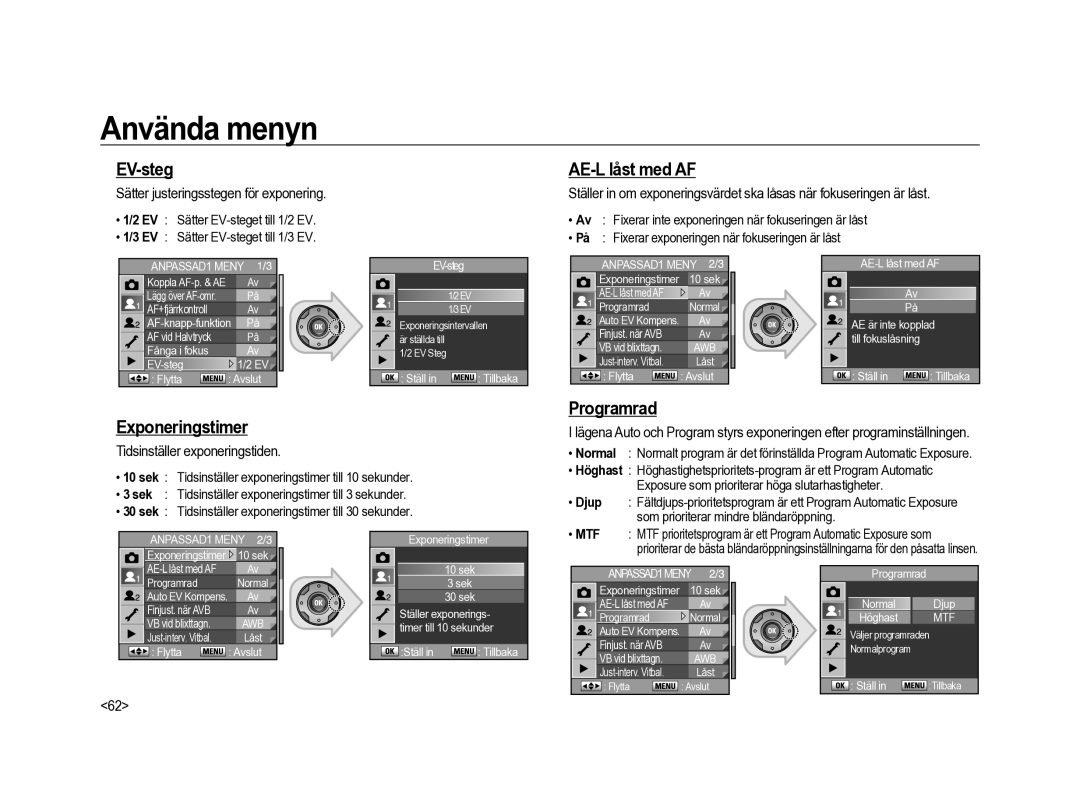 Samsung ER-GX20ZBBA/E1 manual EV-steg, AE-L låst med AF, Programrad Exponeringstimer, Tidsinställer exponeringstiden 