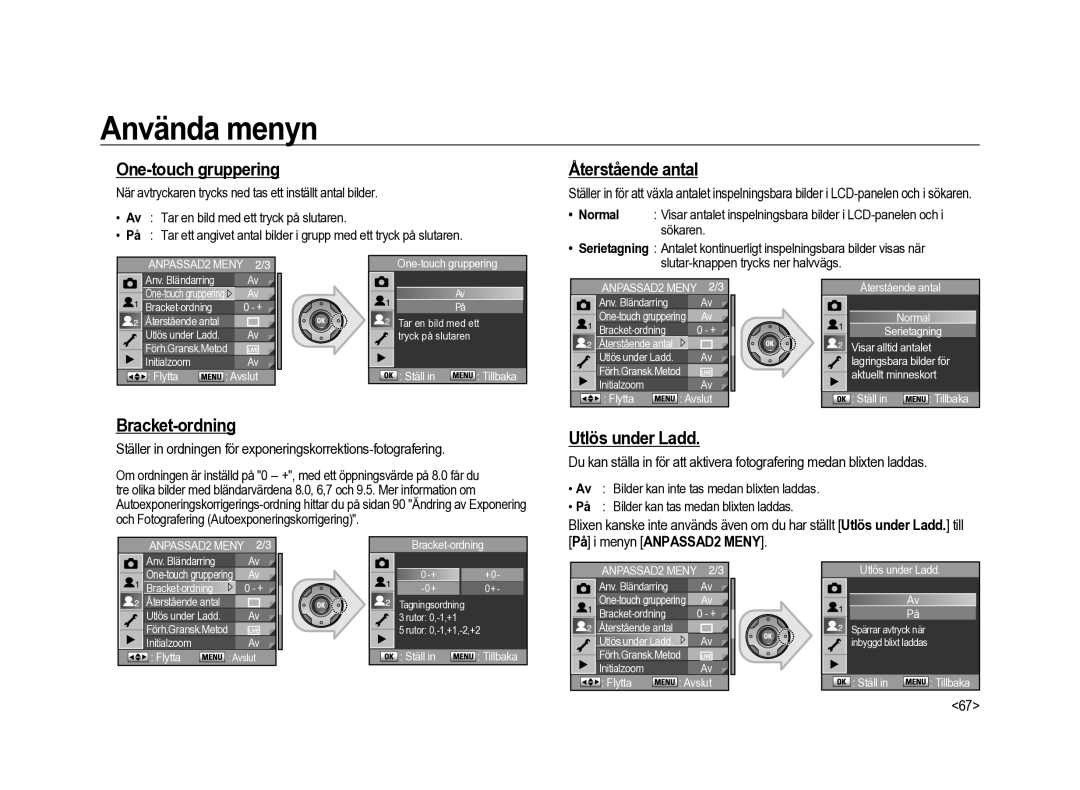 Samsung ER-GX20ZBBA/E1, ER-GX20ZBBC/E1 manual One-touch gruppering, Återstående antal, Bracket-ordning, Utlös under Ladd 