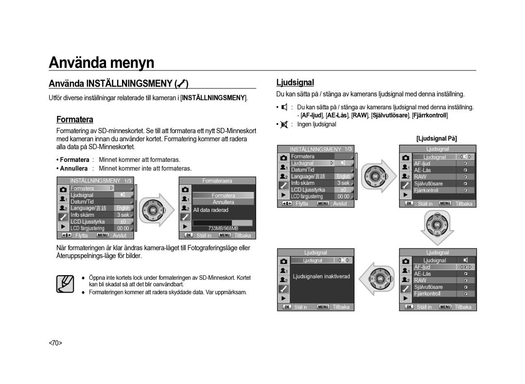 Samsung ER-GX20ZBBB/E1 Använda Inställningsmeny, Formatera, Ljudsignal, AF-ljud,AE-Lås, RAW, Självutlösare, Fjärrkontroll 