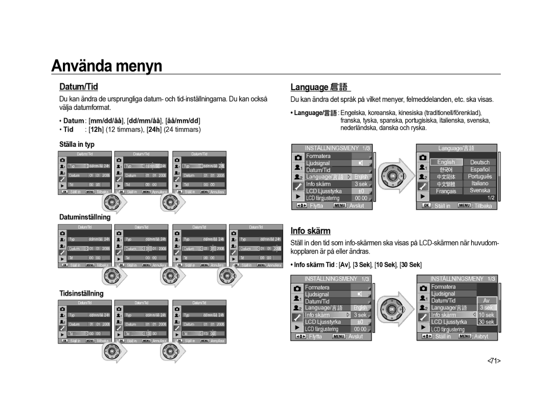 Samsung ER-GX20ZBBA/SE, ER-GX20ZBBC/E1, ER-GX20ZBBB/E1, ER-GX20ZBBA/E1 manual Datum/Tid, Language, Info skärm, Ställa in typ 