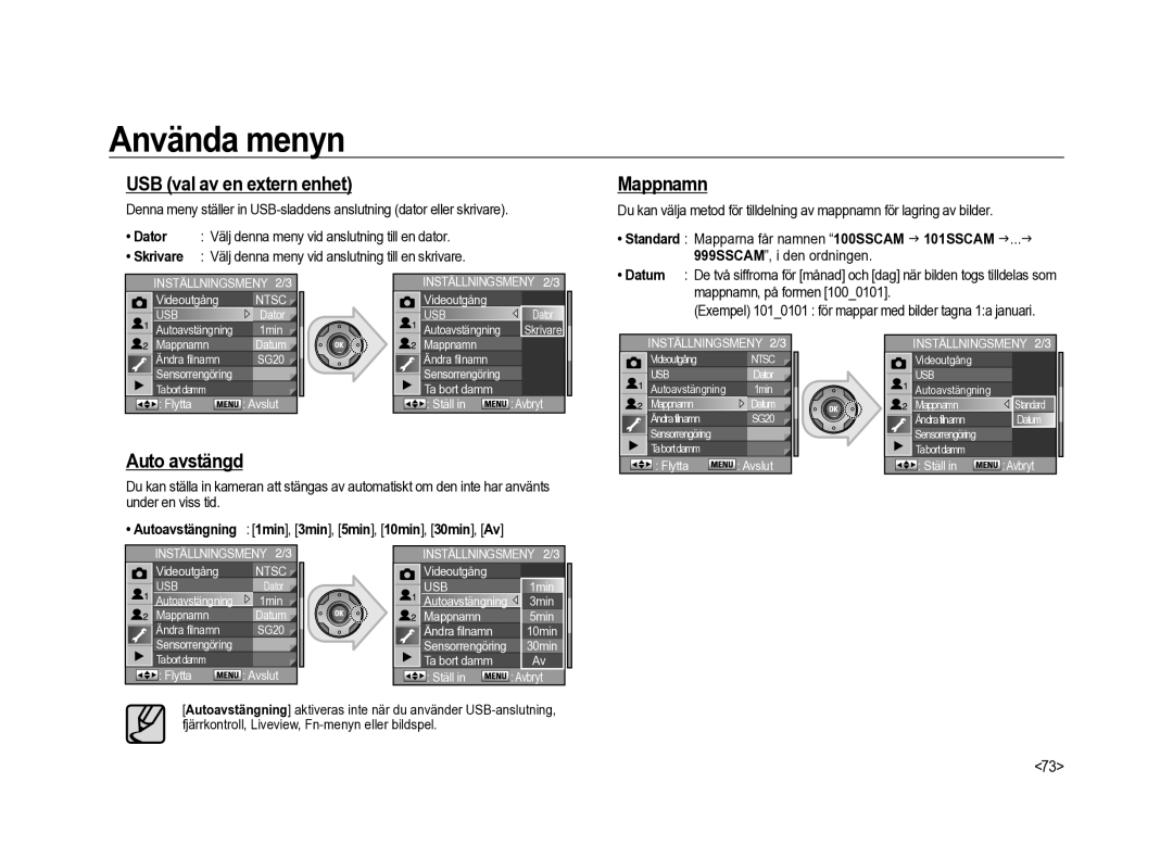 Samsung ER-GX20ZBBA/DK manual USB val av en extern enhet, Auto avstängd, 999SSCAM, i den ordningen, Mappnamn, på formen 