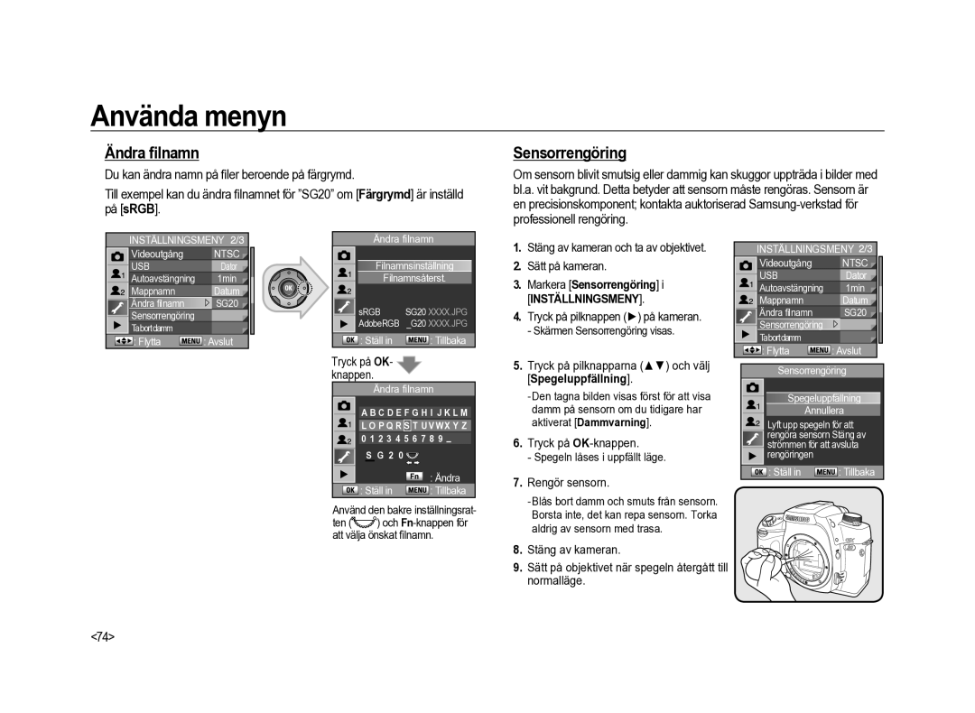 Samsung ER-GX20ZBBC/E1 manual Ändra ﬁlnamn, Markera Sensorrengöring, Tryck på pilknapparna och välj Spegeluppfällning 