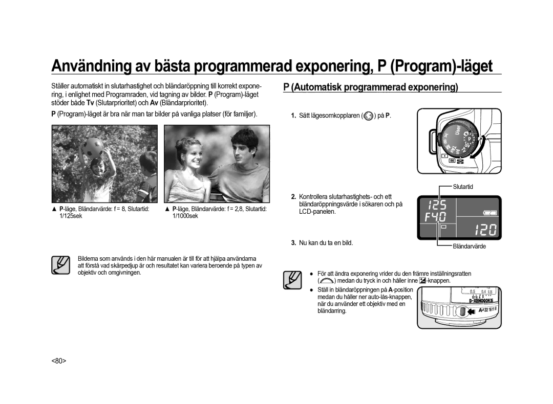 Samsung ER-GX20ZBBB/E1, ER-GX20ZBBC/E1 manual Automatisk programmerad exponering, Sätt lägesomkopplaren på P, 125sek 1000sek 