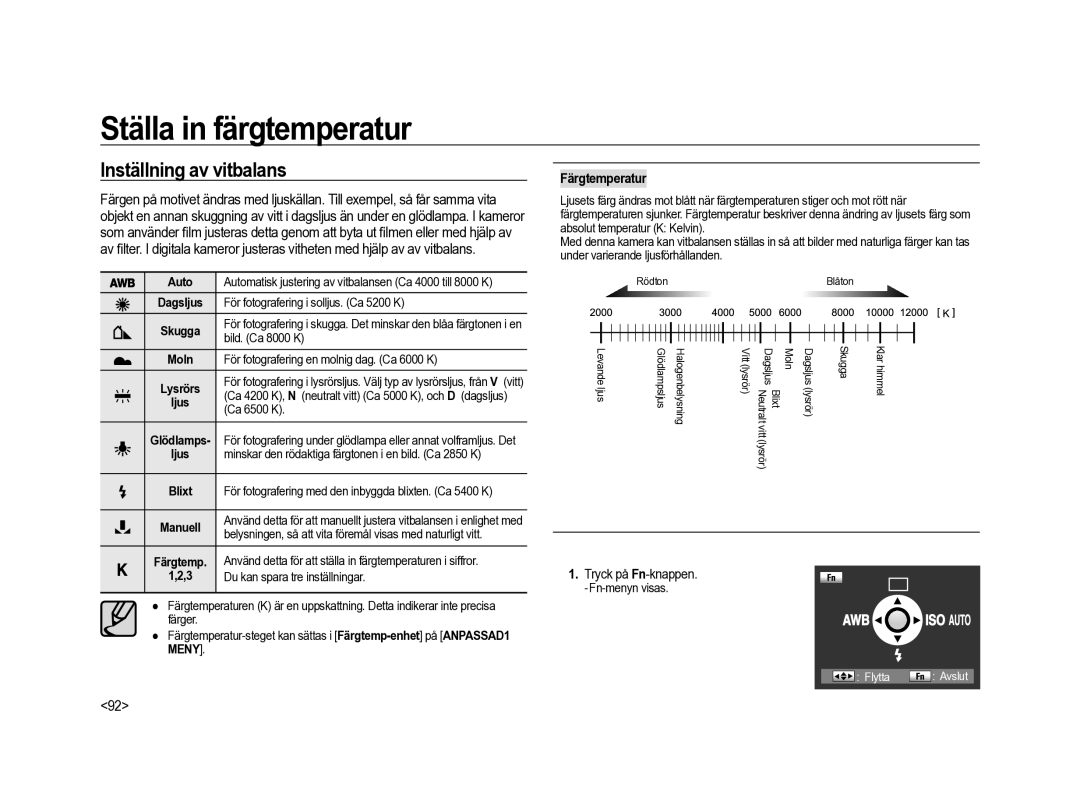 Samsung ER-GX20ZBBA/E1 manual Ställa in färgtemperatur, Inställning av vitbalans, Färgtemperatur, Tryck på Fn-knappen 