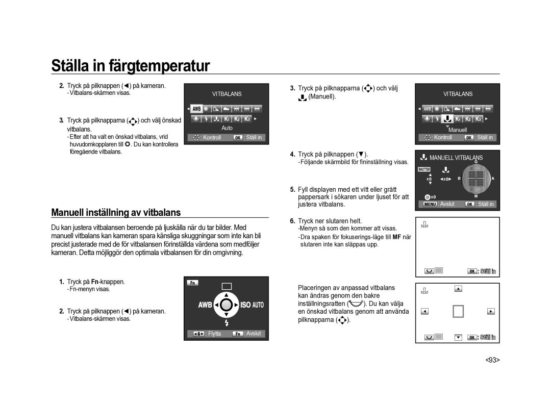 Samsung ER-GX20ZBBA/DK manual Manuell inställning av vitbalans, Tryck på pilknapparna och välj, Tryck på pilknappen 