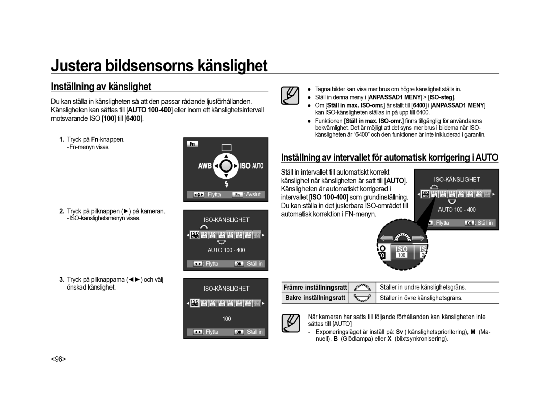 Samsung ER-GX20ZBBA/SE manual Justera bildsensorns känslighet, Inställning av känslighet, Fn-menyn visas, Auto 100 