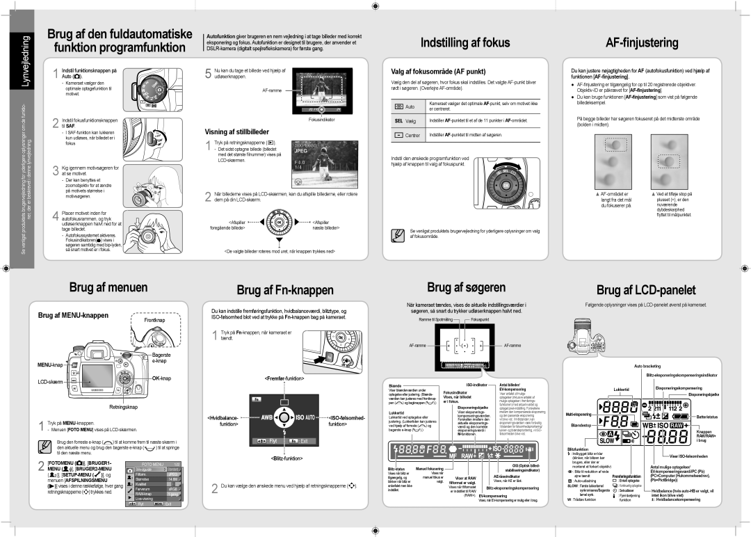 Samsung ER-GX20ZBBB/E1 manual Indstilling af fokus, AF-finjustering, Brug af menuen, Brug af Fn-knappen, Brug af søgeren 