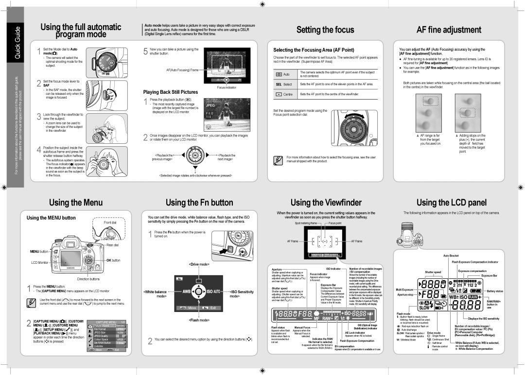 Samsung ER-GX20ZBBB/FR manual Using the full automatic Program mode, Setting the focus, AF ﬁne adjustment, Using the Menu 