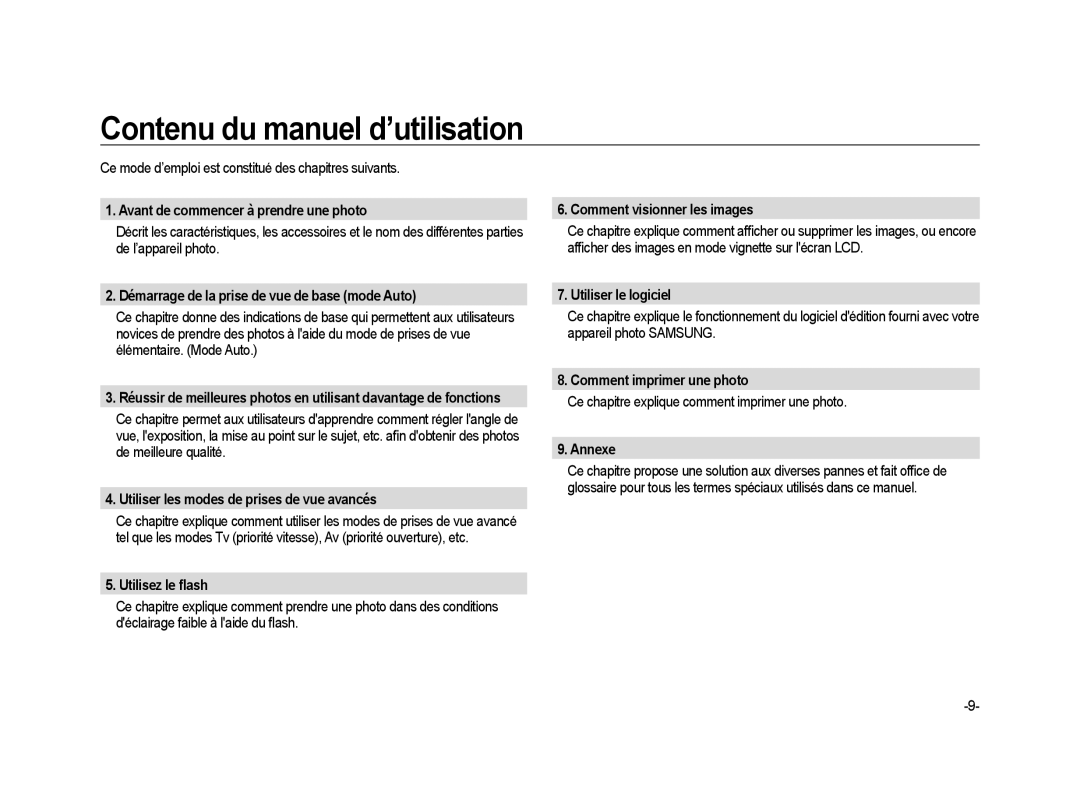 Samsung ER-GX20ZBBB/FR, ER-GX20ZBBC/E1, ER-GX20ZBBB/E1, ER-GX20ZBBA/SE, ER-GX20B01KFR manual Contenu du manuel d’utilisation 