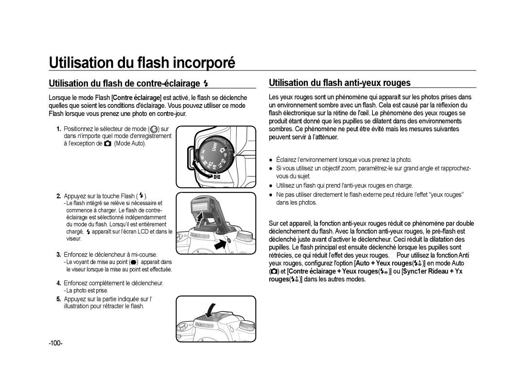 Samsung ER-GX20ZBBB/E1, ER-GX20ZBBC/E1 Utilisation du ﬂash de contre-éclairage, Utilisation du ﬂash anti-yeux rouges, 100 