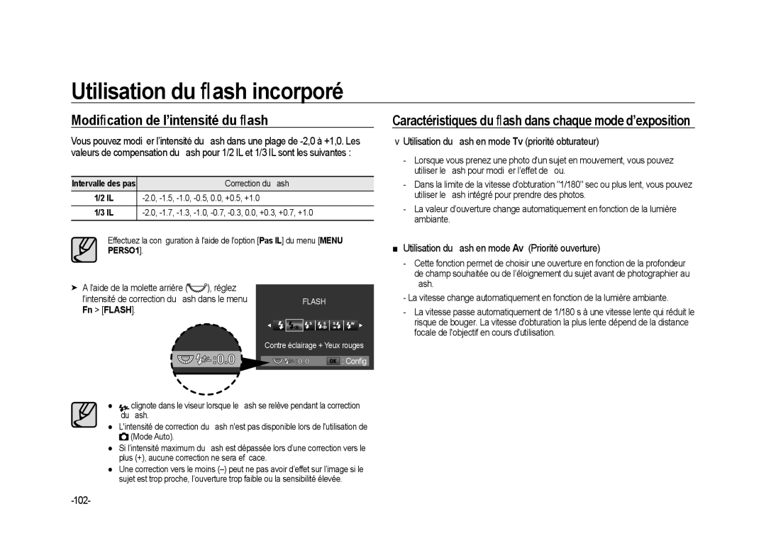 Samsung ER-GX20B01KFR manual Modiﬁcation de l’intensité du ﬂash, Utilisation du ﬂash en mode Tv priorité obturateur, 102 