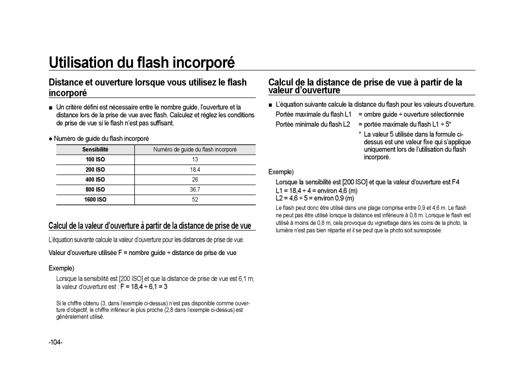 Samsung ER-GX20ZBBA/DK, ER-GX20ZBBC/E1, ER-GX20ZBBB/FR, ER-GX20B01KFR 104, Sensibilité Numéro de guide du ﬂash incorporé 