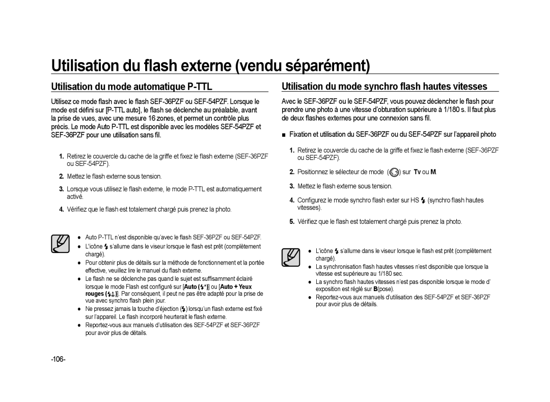 Samsung ER-GX20B02KFR manual Utilisation du mode automatique P-TTL, Utilisation du mode synchro ﬂash hautes vitesses, 106 