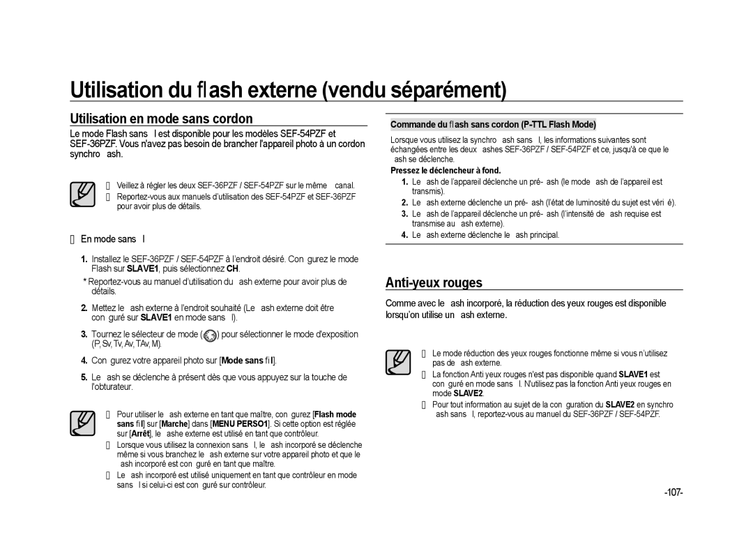 Samsung ER-GX20ZBBC/E1, ER-GX20ZBBB/FR manual Utilisation en mode sans cordon, Anti-yeux rouges, En mode sans ﬁl, 107 