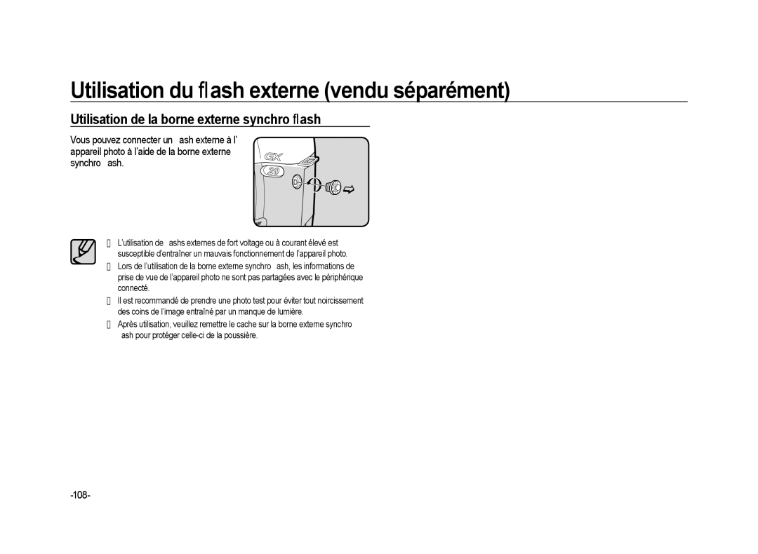 Samsung ER-GX20ZBBB/FR, ER-GX20ZBBC/E1, ER-GX20ZBBB/E1, ER-GX20ZBBA/SE Utilisation de la borne externe synchro ﬂash, 108 