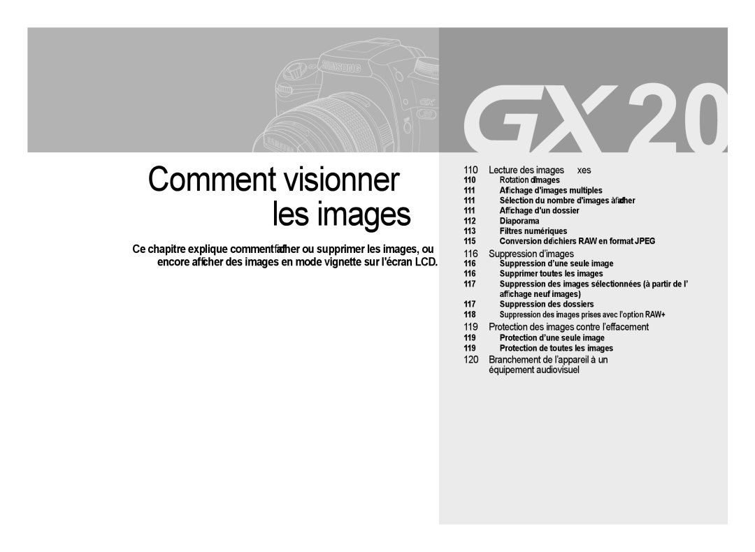 Samsung ER-GX20ZBBB/E1, ER-GX20ZBBC/E1 manual Comment visionner les images, Protection des images contre l’effacement 