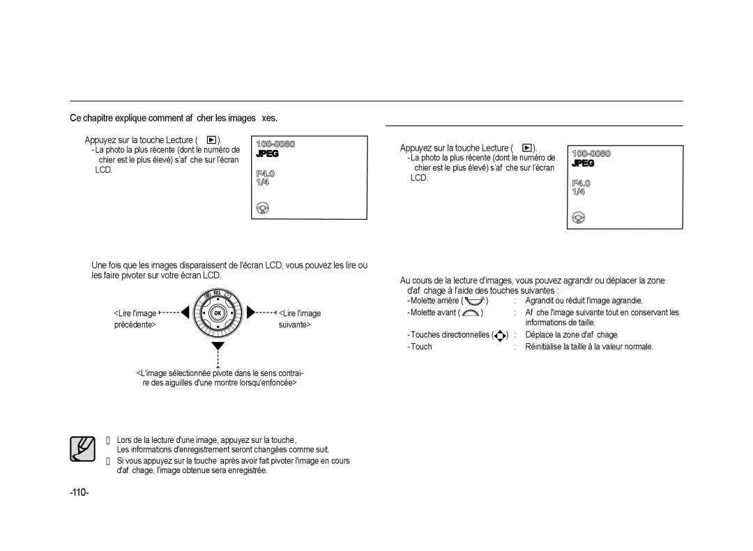 Samsung ER-GX20ZBBA/SE Lecture des images ﬁxes, Rotation d’images, Ce chapitre explique comment afﬁcher les images ﬁxes 