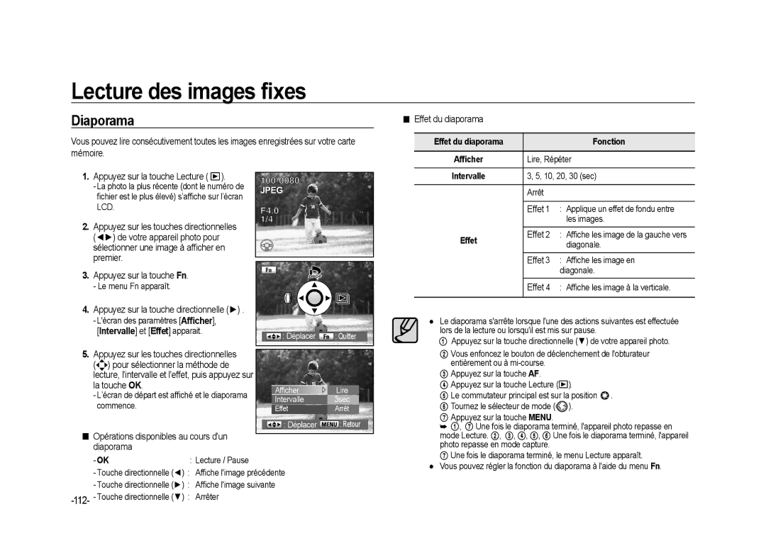 Samsung ER-GX20ZBBA/E1 manual Diaporama, Opérations disponibles au cours dun diaporama, Effet, Fonction, Lire, Répéter 