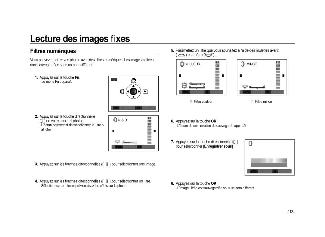 Samsung ER-GX20ZBBA/DK manual Filtres numériques, 113, Appuyez sur la touche OK, Appuyez sur la touche directionnelle 