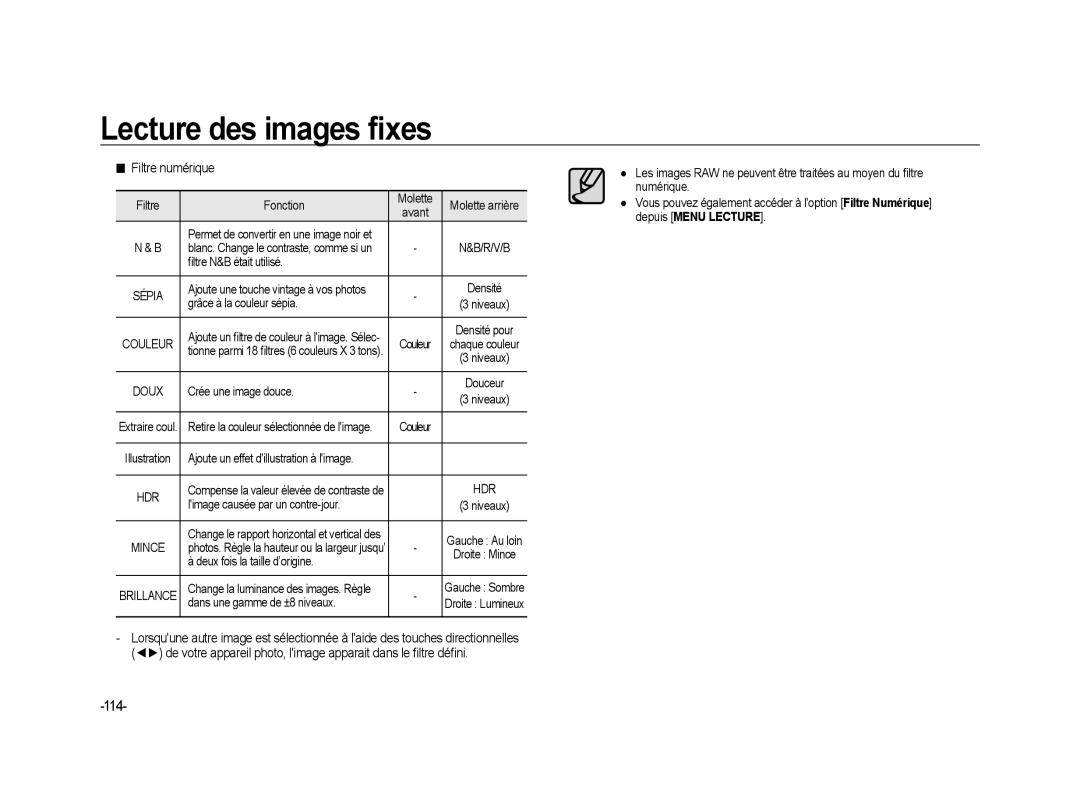 Samsung ER-GX20ZBBA/FR, ER-GX20ZBBC/E1, ER-GX20ZBBB/FR, ER-GX20ZBBB/E1, ER-GX20ZBBA/SE, ER-GX20B01KFR 114, Filtre numérique 