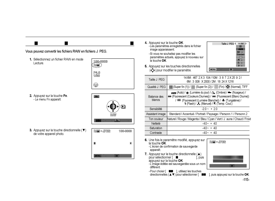 Samsung ER-GX20B02KFR, ER-GX20ZBBC/E1 manual Lecture des images fixes, Conversion de fichiers RAW en format Jpeg, 115 