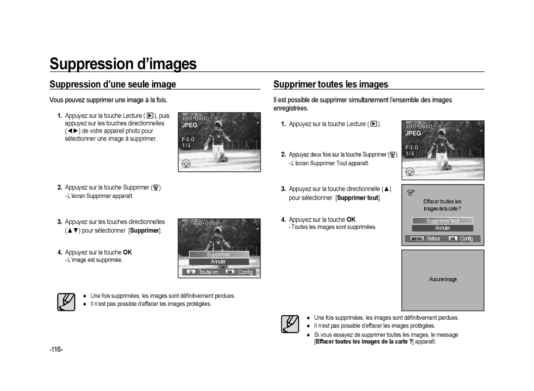 Samsung ER-GX20ZBBC/E1, ER-GX20B01KFR Suppression d’images, Suppression d’une seule image Supprimer toutes les images, 116 