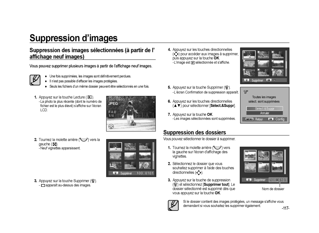 Samsung ER-GX20ZBBB/FR, ER-GX20ZBBC/E1 Suppression des dossiers, Gauche, Vous pouvez sélectionner le dossier à supprimer 