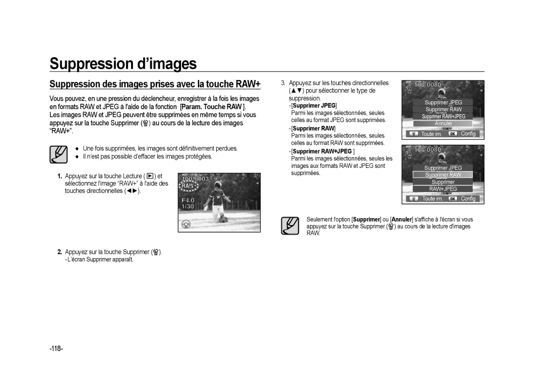 Samsung ER-GX20ZBBB/E1, ER-GX20ZBBC/E1, ER-GX20ZBBB/FR, ER-GX20B01KFR Suppression des images prises avec la touche RAW+, 118 