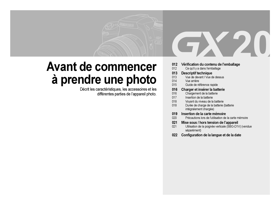 Samsung ER-GX20ZBBA/SE manual 012 Vériﬁcation du contenu de l’emballage, 022 Conﬁguration de la langue et de la date 