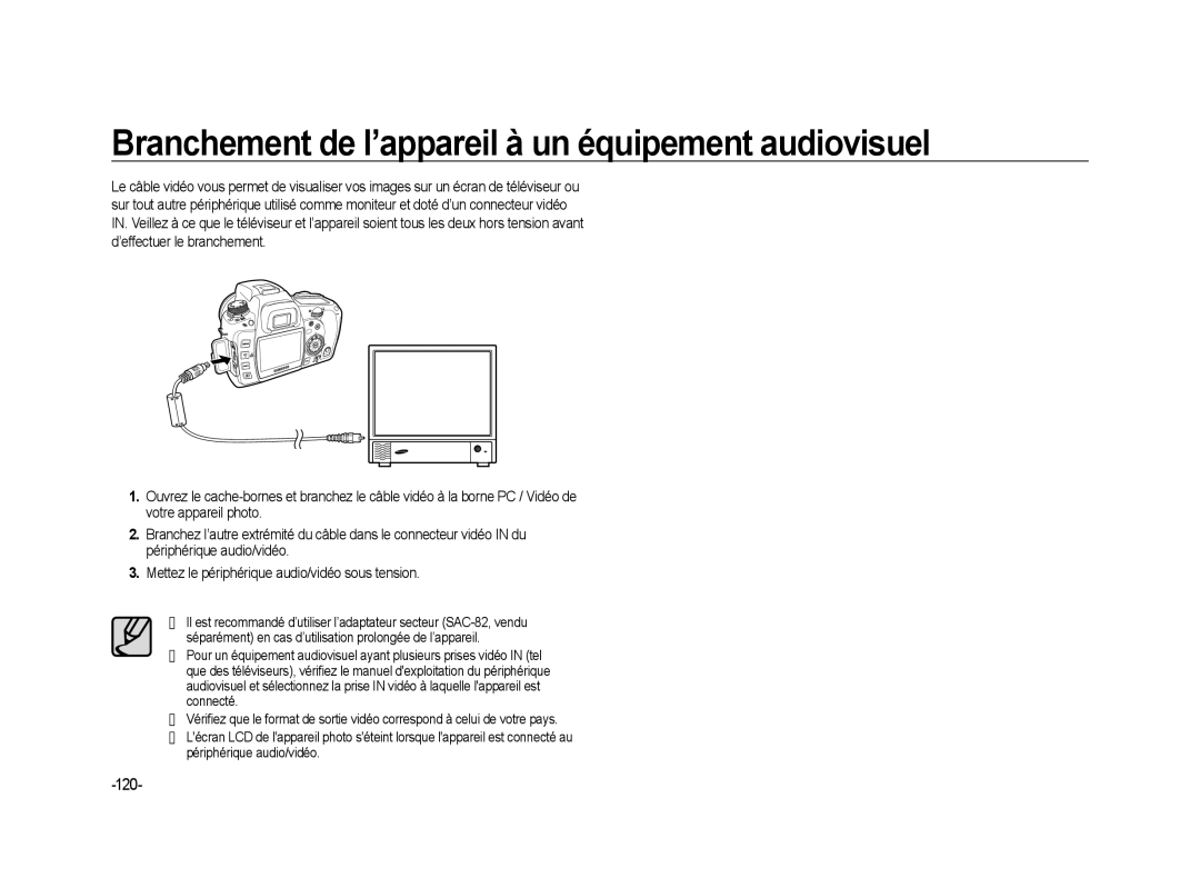 Samsung ER-GX20B01KFR, ER-GX20ZBBC/E1, ER-GX20ZBBB/FR manual Branchement de l’appareil à un équipement audiovisuel, 120 