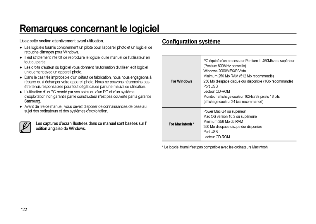 Samsung ER-GX20ZBBA/DK, ER-GX20ZBBC/E1, ER-GX20ZBBB/FR manual Remarques concernant le logiciel, Conﬁguration système, 122 