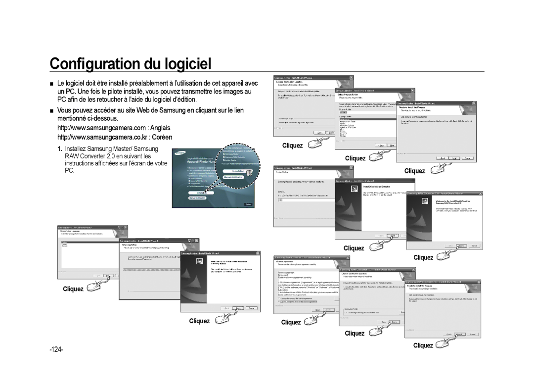 Samsung ER-GX20B02KFR, ER-GX20ZBBC/E1, ER-GX20ZBBB/FR, ER-GX20ZBBB/E1, ER-GX20ZBBA/SE Configuration du logiciel, 124, Cliquez 