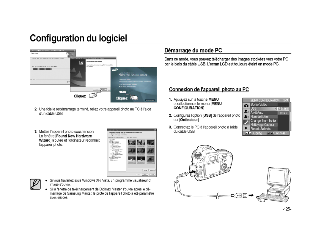 Samsung ER-GX20ZBBC/E1 manual Conﬁguration du logiciel, Démarrage du mode PC, Connexion de lappareil photo au PC, 125 