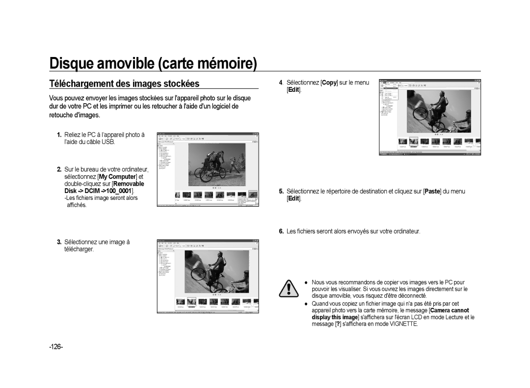 Samsung ER-GX20ZBBB/FR, ER-GX20ZBBC/E1 manual Disque amovible carte mémoire, Téléchargement des images stockées, 126 