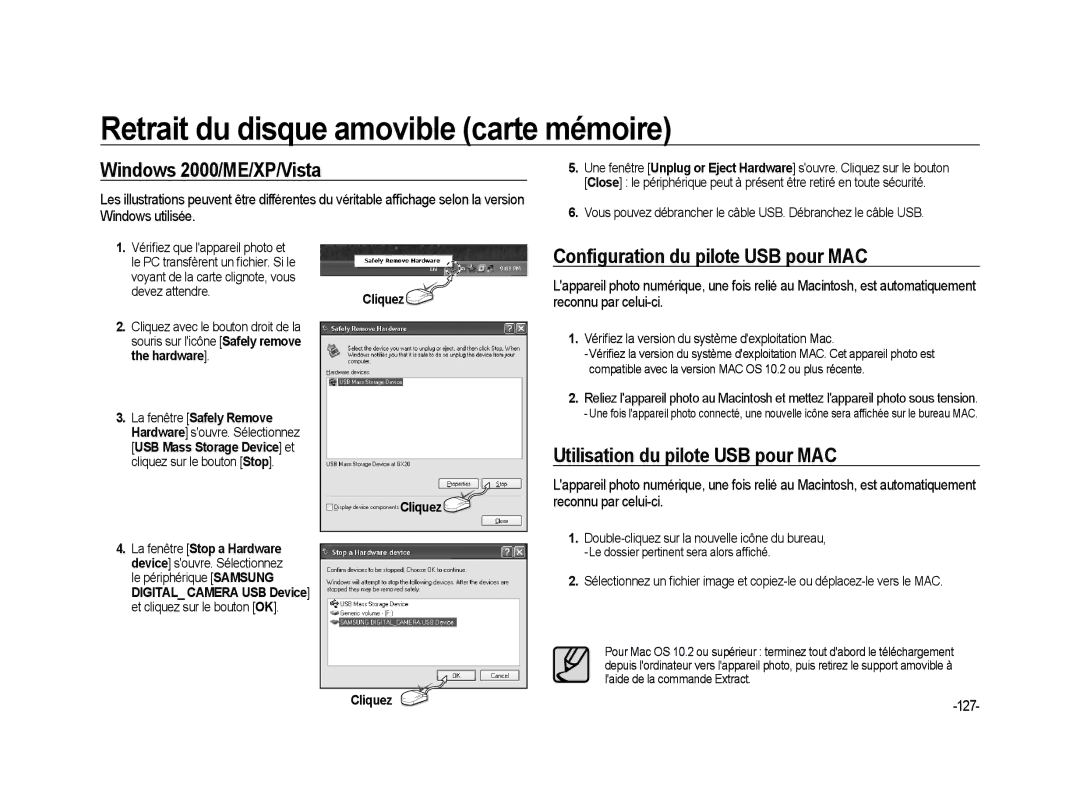 Samsung ER-GX20ZBBB/E1, ER-GX20ZBBC/E1 manual Retrait du disque amovible carte mémoire, Windows 2000/ME/XP/Vista, 127 