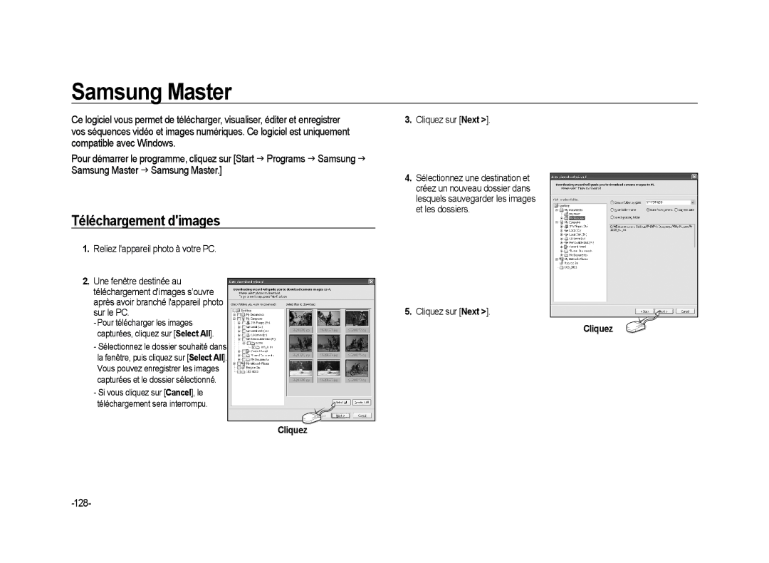 Samsung ER-GX20ZBBA/SE, ER-GX20ZBBC/E1, ER-GX20ZBBB/FR manual Samsung Master, Téléchargement dimages, 128, Cliquez sur Next 