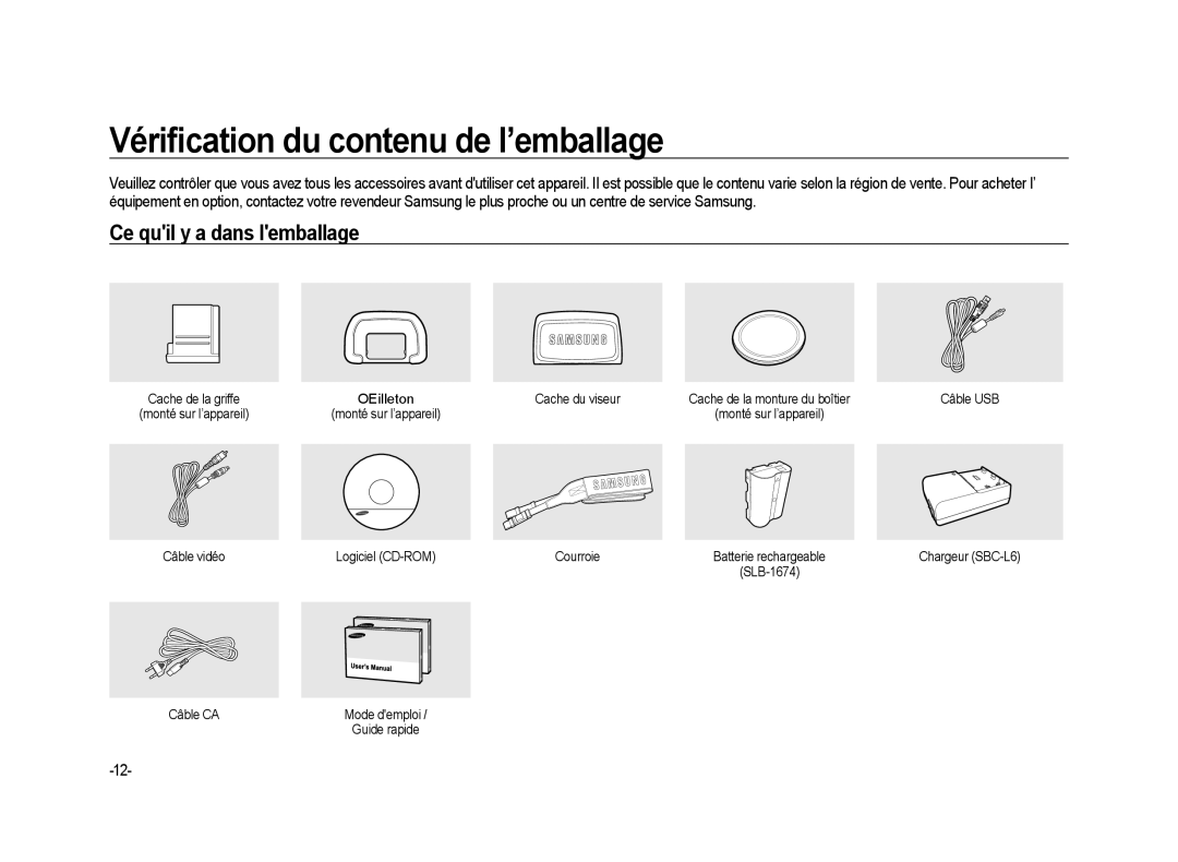 Samsung ER-GX20B01KFR manual Vériﬁcation du contenu de l’emballage, Ce quil y a dans lemballage, OEilleton Cache du viseur 