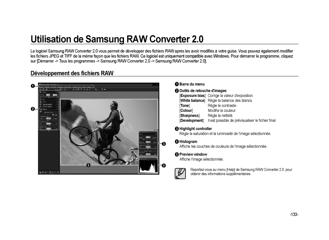 Samsung ER-GX20B02KFR, ER-GX20ZBBC/E1 manual Utilisation de Samsung RAW Converter, Développement des ﬁchiers RAW, 133 