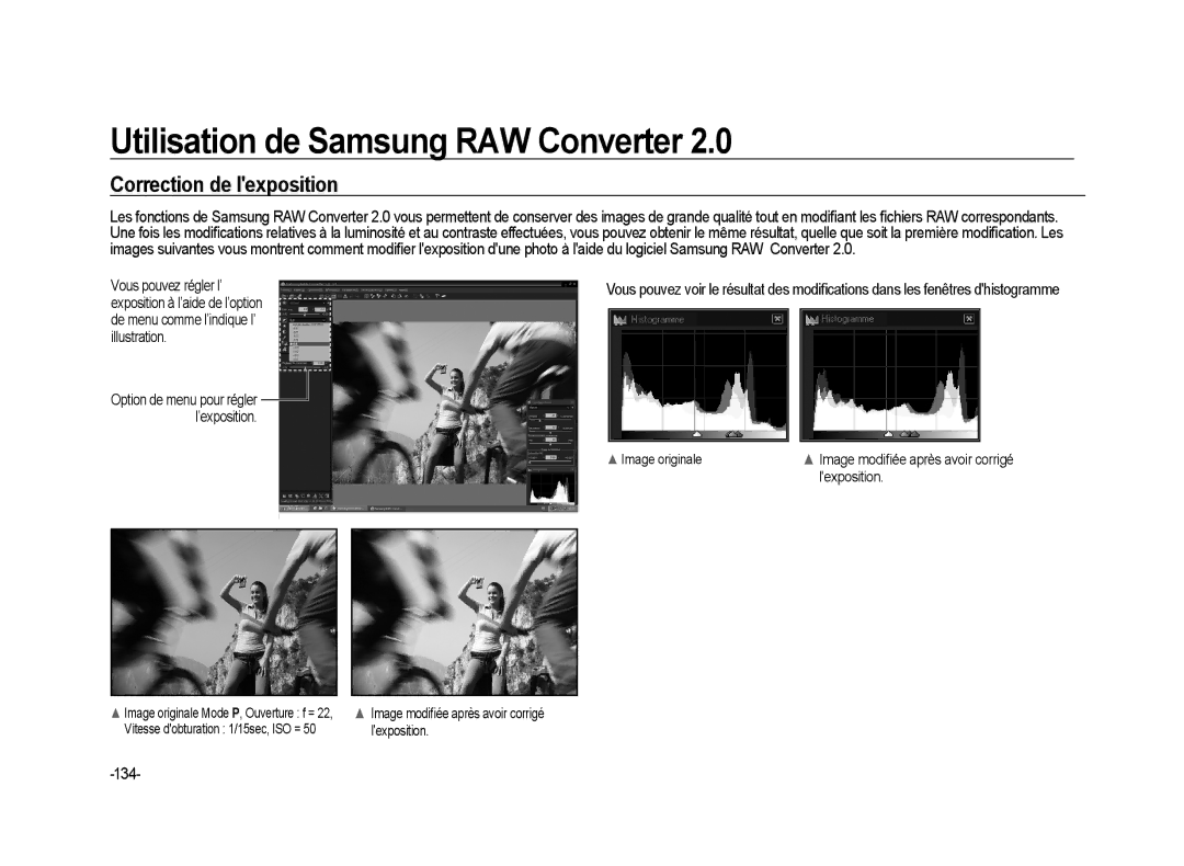 Samsung ER-GX20ZBBC/E1, ER-GX20ZBBB/FR manual Correction de lexposition, 134, Image modiﬁée après avoir corrigé lexposition 