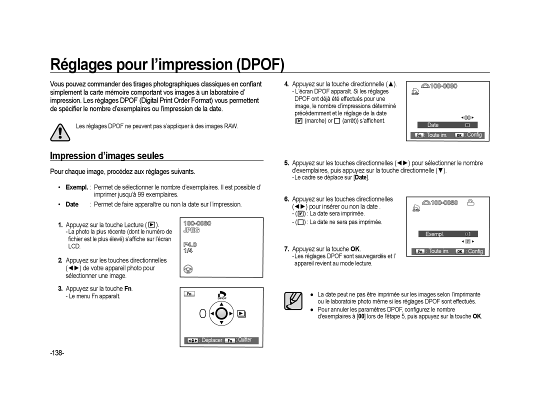 Samsung ER-GX20B01KFR, ER-GX20ZBBC/E1, ER-GX20ZBBB/FR manual Réglages pour l’impression Dpof, Impression d’images seules, 138 